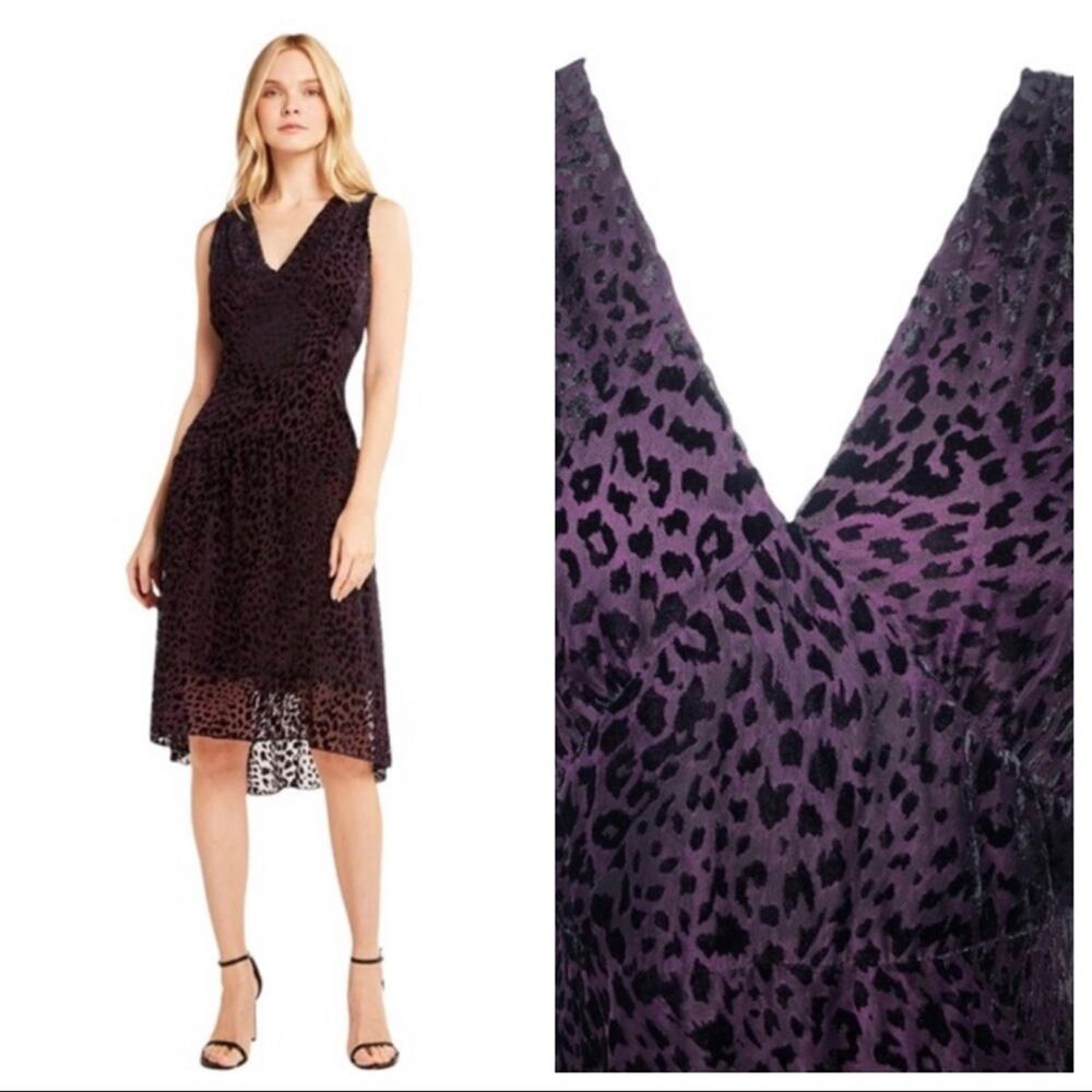Elie Tahari Celeste Aubergine Purple Velvet Cheetah Print V-Neck Midi Dress 10